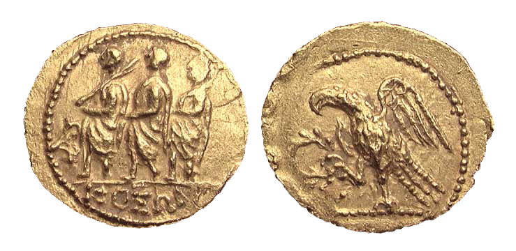 Das Team und die Goldmünze von Dekaineos, gefunden in Sarmisegetuza